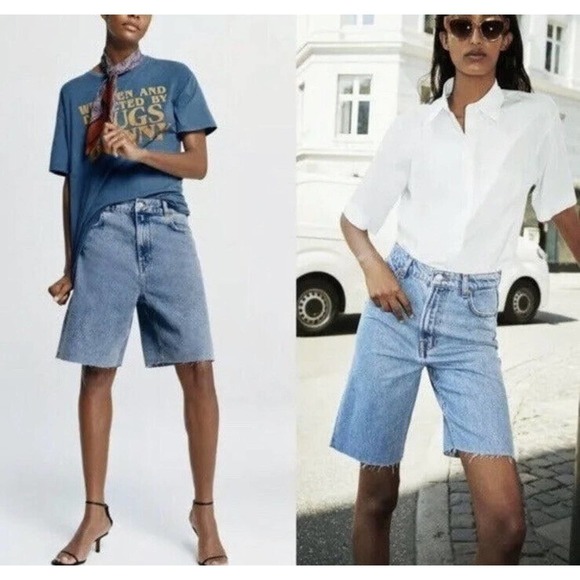 ZARA The 90’s Bermuda Denim Jeans Shorts Size 2 Raw Hem - Picture 1 of 4